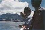 (Left to right) unidentified, Robert Dill, and Robert Huffer on the deck of the R/V Horizon getting ready to explore the island of Ohau, Hawaii during a break from Midpac Expedition (1950). 1950