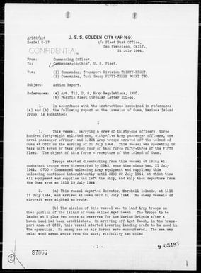 USS GOLDEN CITY - Rep of Landing Ops on Guam Is, Marianas, 7/21-29/44