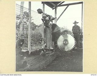 LAE, NEW GUINEA. 1944-08-06. QX19131 LIEUTENANT E.J. BATES, SECTION LEADER, 2/3RD FORESTRY UNIT, IN THE UNIT WORKSHOP. IN THE CENTRE FOREGROUND CAN BE SEEN THE SAW SHARPENING MACHINE, WHILE IN ..