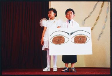 Samoan White Sunday celebrations, Congregational Christian Church of Samoa, Grey Lynn, Auckland. Milovale Tiatia (left) and Masei Kovia (right) perform theatre