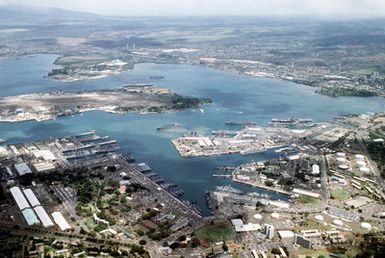 An overall aerial view of the harbor