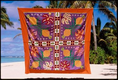 Tivaevae (quilt) hanging on a line, Cook Islands