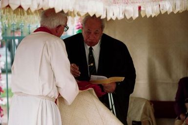 King Taufa'ahau Tupou IV, King of Tonga, at dedication of church Vaine Mo'onia