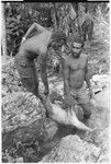 Ubuni on left and Sale 'Oirukua on right, both of Kwailala'e, wash a pig, possibly one they have drowned