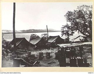 TALILI, NEW BRITAIN. 1945-10-12. TENT LINES IN THE CAMP AREA, A COMPANY, 52 INFANTRY BATTALION, RIGHT ON THE WATER'S EDGE