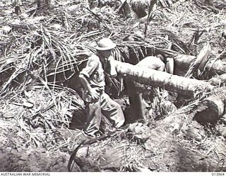 BUNA AREA, PAPUA NEW GUINEA, 1942-12-28. AUSTRALIAN SOLDIERS EXAMINING A CAMOUFLAGED JAPANESE MACHINE GUN POST. (PHOTOGRAPHER: G. SILK)