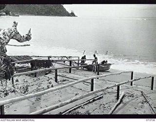 SALAMAUA, NEW GUINEA. 1944-06-03. MEMBERS OF 2ND MARINE FOOD SUPPLY PLATOON DURING HAULING PREPARATIONS, RUNNING THE DRAG-NETS FROM THE DRYING RACKS TO THE DINGHY. LEFT TO RIGHT: VX90299 PRIVATE D. ..