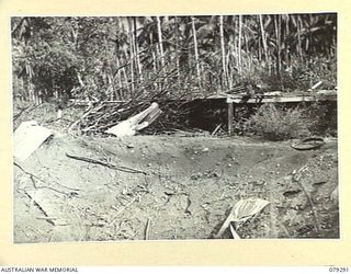 KALAI PLANTATION, HENRY REID BAY, NEW BRITAIN. 1945-02-17. ALL THAT REMAINS OF THE GERMAN MISSION HOUSE IN THE PLANTATION AFTER A NEAR MISS BY ALLIED BOMBERS