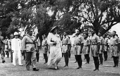 The Queen of Tonga inspecting her soldiers, Tonga