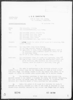 USS SANTA FE - Rep of Ops During Carrier Air Strikes on the Palau Is, 8/30/44- 9/8/44