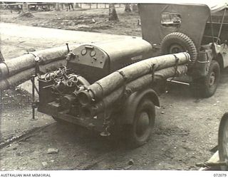 MILNE BAY, NEW GUINEA. 1944-04-04. A JUPITER TRAILER PUMP AT THE 2ND AUSTRALIAN BULK PETROLEUM STORAGE COMPANY. THE EQUIPMENT IS USED FOR FIRE FIGHTING AND IN PUMPING WATER INTO TANKS TO RAISE THE ..