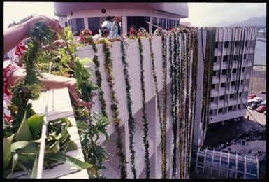 South Pacific Festival of the Arts, Apia, 1996. Sāmoan Government Building decorated for the launch ceremony