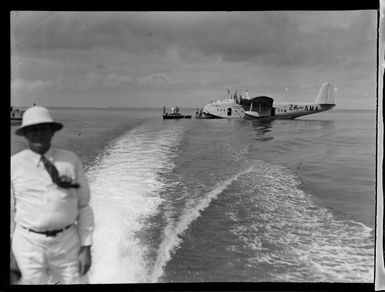 Tasman Empire Airways Ltd Short Empire flying boat 'Aotearoa', ZK-AMA, on harbour, Suva, Fiji