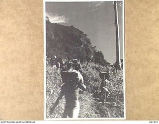 UBERI, NEW GUINEA. 1943-12-19. NATIVE CARRIERS TAKING SUPPLIES TO THE "FRONT LINE" ON THE KOKODA TRAIL IN THE OWEN STANLEY RANGES DURING THE FILMING OF THE PRODUCTION "RATS OF TOBRUK" BY CHAUVEL'S ..