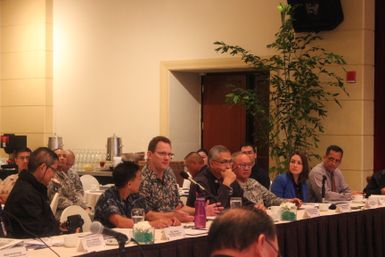 Lt. Governor Ray Tenorio providing comments at the Senior Leaders' Seminar in Guam with Marcie Stone, Region IX Deputy Recovery Director (in blue), in the audience.