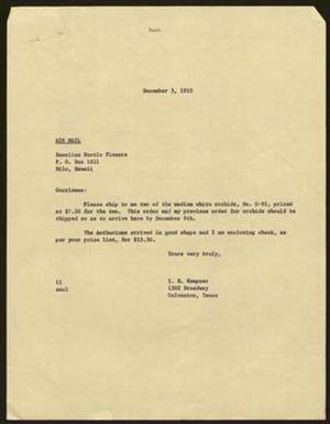 [Letter from I. H. Kempner to Hawaiian Exotic Flowers, December 3, 1955]