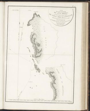 Plan de la cote occidentale de l'Ile Bouka et de la partie nord-ouest de l'Ile Bougainville (dont la cote orientale fut decouverte en 1769) dresse en aout 1792, dans l'expedition du contre-amiral Bruny- Dentrecasteaux, par C.F. Beautemps-Beaupre, ingenieur hydrographe