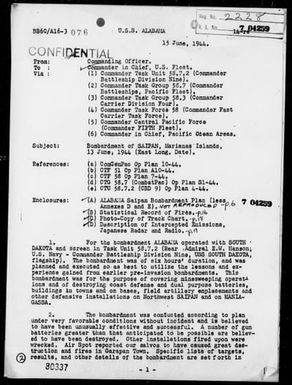 USS ALBAMA - Report of Bombardment of Saipan Island, Marianas on 6/13/44