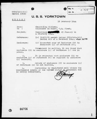 USS YORKTOWN - Corrected VT-5 ACA Reports #15-21 Marshall Islands