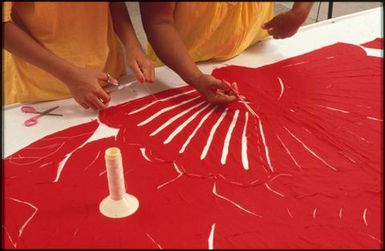 Two women making tivaevae, with Mrs Tokerau Munro