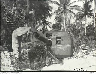 ADMIRALTY ISLANDS. 1944-03-18. AMONGST THE COCONUT PALM TREES LIEUTENANT ALAN MOORE, AN OFFICIAL WAR ARTIST AT PRESENT WORKING WITH THE RAAF, LOOKS DOWN THE BARREL OF A JAPANESE 6 INCH NAVAL GUN ..