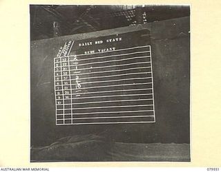 ORO BAY, NEW GUINEA. 1943-07. THE DAILY BED STATEMENT BOARD IN THE ADMISSION ROOM AT THE 10TH FIELD AMBULANCE