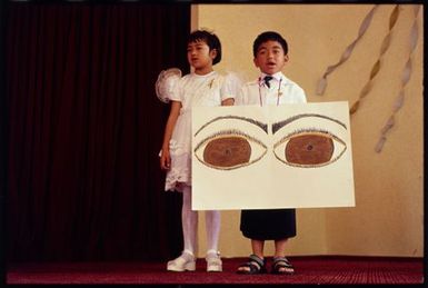 Samoan White Sunday celebrations, Congregational Christian Church of Samoa, Grey Lynn, Auckland. Milovale Tiatia (left) and Masei Kovia (right) perform theatre
