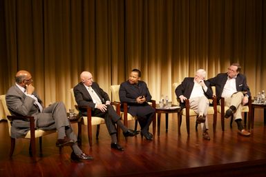 A Path to Equality: The Impact of the Civil Rights Acts of the 1960s; from left to right: Michael Steele, former Chairman of the Republican National Committee and Lieutenant Governor of Maryland; Jim Jones, former Chief of Staff to President Johnson, Congressman, and Ambassador to Mexico; Carol Moseley Braun, former Senator and Ambassador to New Zealand and Samoa; Charles Ferris, former Chairman of the FCC; and moderator Todd Purdum, writer at Politico