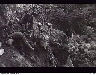 REINHOLD HIGHWAY, NEW GUINEA. 1943-08-22. SAPPERS OF THE 9TH AUSTRALIAN FIELD COMPANY, ROYAL AUSTRALIAN ENGINEERS, ENGAGED IN THE DANGEROUS WORK OF CLEARING THE ROAD BENCHING AFTER BLASTING