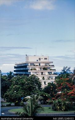 French Polynesia - White apartment building, balcony gardens