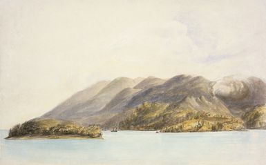 Bent, Thomas, 1833?-1887 :[Coast scene with volcano in Tanna, Vanuatu, 1857-1858].