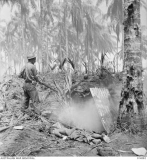 1943-01-14. PAPUA. GIROPI POINT. A DEAD JAPANESE LIES IN FRONT OF A BUNKER. AT RIGHT LIEUTENANT D. S. CLARKE OF SYDNEY, NSW. (NEGATIVE BY BOTTOMLEY)