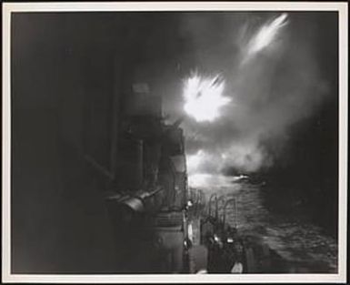 In the Solomons, during a night battle October 21, 1943, five-inch guns spearhead the attack