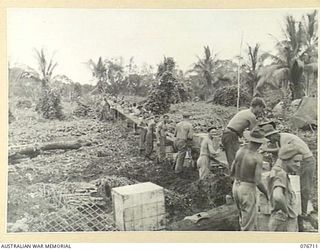 JACQUINOT BAY, NEW BRITAIN. 1944-11-06. TROOPS OF D COMPANY, 14/32ND INFANTRY BATTALION SHIFTING STORES AND SUPPLIES FROM THE BEACH-HEAD TO THE UNIT CAMP BY MEANS OF ROLLERS