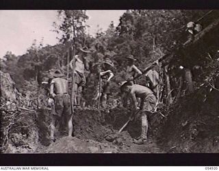 BULLDOG-WAU ROAD, NEW GUINEA, 1943-07-14. TROOPS OF HEADQUARTERS, ROYAL AUSTRALIAN ENGINEERS, 11TH AUSTRALIAN DIVISION WORKING ON DIGGING OUT THE ROAD WITH HAND TOOLS AT THE 23 MILE POINT