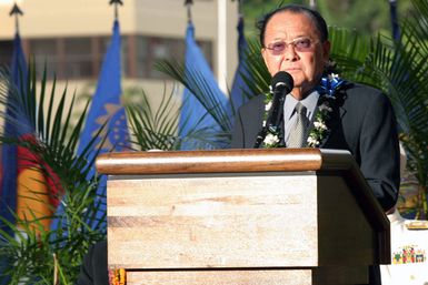 The Honorable Daniel K. Inouye, Senator of Hawaii, gives a speech during the dedication ceremony of the newly built Nimitz-MacArthur Pacific Command Center (NMPCC) at Camp H. M. Smith, Hawaii, Apr. 14, 2004. The new center is named in honor of Adm. Chester Nimitz and U.S. Army Douglas MacArthur and is one of the nation's premier facilities for Command, Control, Communications, Computers and Intelligence (C4I) systems. (U.S. Marine Corps photo by Lance CPL. JonDior Ferrell) (Released)