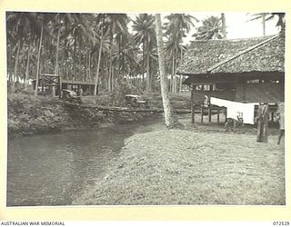 MILNE BAY, NEW GUINEA. 1944-04-20. JEEPS CROSSING A SUSPENSION BRIDGE AT THE BARAGA NATIVE LABOUR CAMP, AUSTRALIAN NEW GUINEA ADMINISTRATIVE UNIT. THIS BRIDGE WAS LATER SWEPT AWAY DURING A FLOOD ON ..