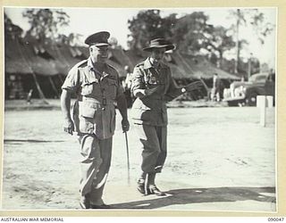 BOUGAINVILLE. 1945-03-27. GENERAL SIR THOMAS A. BLAMEY, COMMANDER-IN-CHIEF, ALLIED LAND FORCES, SOUTH WEST PACIFIC AREA (1), AND MATRON M.E. HURLEY (2), AFTER INSPECTION OF THE WARDS AT 2/1 GENERAL ..