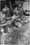 Pig festival, wig ritual: man holds twig brush for applying red paint to wig