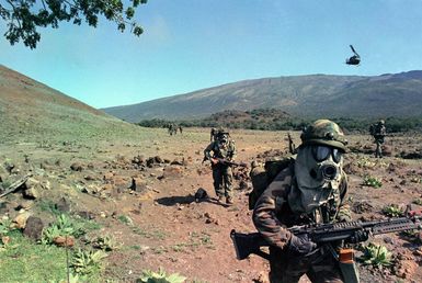 Soldiers from 1ST Bn., 35th Inf., 25th Inf. Div., move toward their next objective during exercise Opportune Journey 4-83. The soldiers are wearing M-17A1 field protective masks