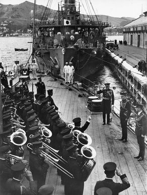 Band playing on board ship for a visiting dignitary, Wellington Wharves