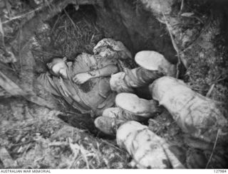 ORODUBI, NEW GUINEA. 1943-07-29. THE BODY OF ONE OF MANY DEAD JAPANESE KILLED ON "TIMBERED KNOLL", AFTER THE SUCCESSFUL ATTACK ON THE JAPANESE STRONGHOLD BY 2/3RD AUSTRALIAN INDEPENDENT COMPANY. ..