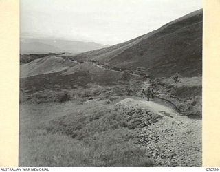 WAU - LAE ROAD, NEW GUINEA, 1944-03-03. NATIVES WORKING ON THE BENCHING OF THE ROAD ABOUT 79 MILES FROM WAU