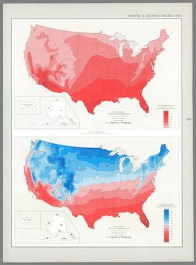 Mean annual cooling degree-days, based on data for the period 1931-1960 -- Mean annual heating degree-days, based on data for the period 1931-1960 / adapted from 1:20,000,000-scale maps by Environmental Data Service, Environmental Science Services Administration.