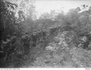 SATTELBERG AREA, NEW GUINEA. 1943-11-17. TROOPS OF THE 2/48TH AUSTRALIAN INFANTRY BATTALION MOVING FORWARD FOR THE ATTACK ON SATTELBERG BEHIND A TANK OF THE 1ST AUSTRALIAN ARMY TANK BATTALION