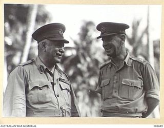 AITAPE, NEW GUINEA. 1944-11-29. GENERAL SIR THOMAS A BLAMEY, COMMANDER- IN- CHIEF, ALLIED LAND FORCES, SOUTH WEST PACIFIC AREA, (1), WITH MAJOR- GENERAL R H WORDSWORTH, BRITISH ARMY, (2), AT TADJI ..