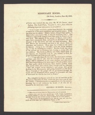 [Printed leaflet headed "Missionary Rooms, Old Jewry, London, June 26, 1816" and commencing, "A letter was received this day from Mr. W.P. Crook, dated Sydney, New South Wales, November 2, 1815, from which the following important information is extracted.]