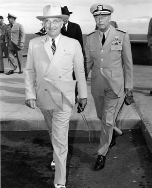 President Harry S. Truman and Admiral Arthur W. Radford at Hickam Field, Hawaii