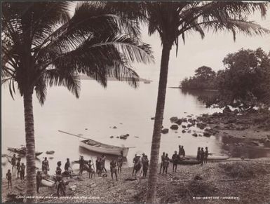 Men on beach of Graciosa Bay, viewed from Namu, Santa Cruz Islands, 1906 / J.W. Beattie