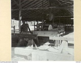 NADZAB, NEW GUINEA. 1944-09-02. NATIVES AT WORK IN THE SAWMILL AT THE NEW GUINEA FORCE SCHOOL OF SIGNALS